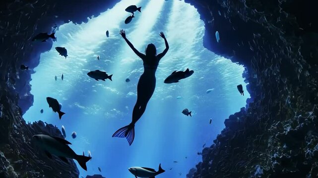Silhouetted mermaid amidst a school of fish in an underwater cave.
