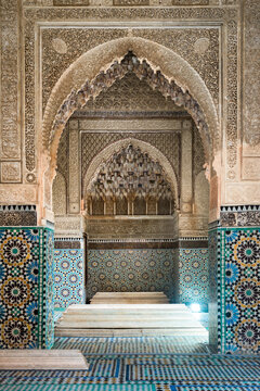 Ornate tiled mosaic floor and arches, Marrakesh, Morocco