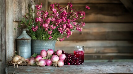 A rustic barn scene with shallots and berry iced tea