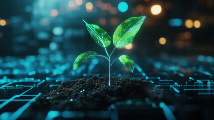vibrant green plant emerges from dark soil, symbolizing growth and sustainability in digital landscape. glowing background enhances theme of technology and nature