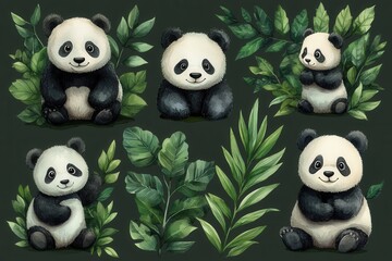A collection of cute panda illustrations surrounded by various green leaves.