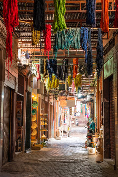 Dyers Souk with textiles hanging to dry, Marrakesh, Morocco