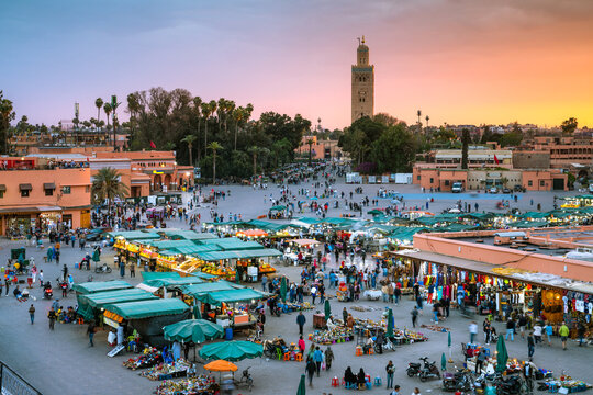 Market in the square at sunset, Jemaa el Fnaa square, Marrakesh, Morocco
