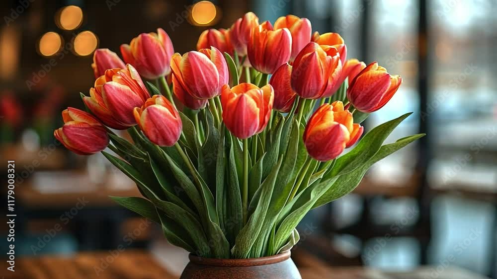 Poster a vibrant bouquet of tulips in shades of red and orange fills a rustic vase. the cozy cafe setting f