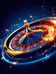 A dazzling roulette wheel spins energetically, surrounded by colorful lights and sparkling particles. The vibrant atmosphere of the casino adds excitement to the gaming experience