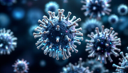 Obraz premium High-tech HMPV visualization with glowing 3D particles and holographic molecular research