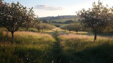 Fototapeta premium Apple orchard sunset, wildflowers, rural landscape, idyllic scene, nature background.