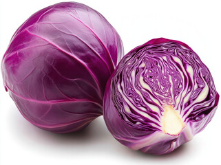 Fresh purple cabbage, whole and sliced, showcasing vibrant color and texture. Perfect for salads, garnishes, and healthy dishes
