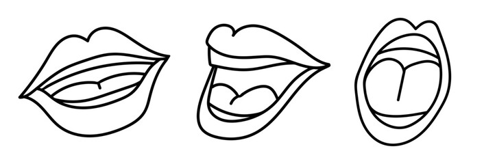 Talking mouth set. Open mouth. Smile from ear to ear. Flat line vector illustration, eps 10