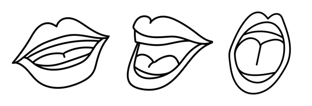 Talking mouth set. Open mouth. Smile from ear to ear. Flat line vector illustration, eps 10