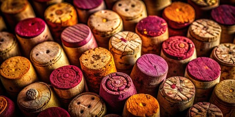 Obraz premium Close-up of Vintage Wine Corks with Red Wine Stains, Architectural Photography Style