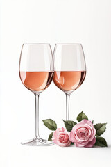 Watercolor of Couple s wine glasses, Two wine glasses with roses placed romantically beside them, Two elegant glasses of rose wine paired with fresh roses, perfect for romantic occasions.