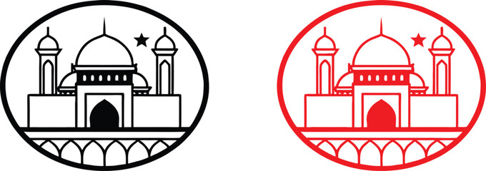 Naklejka premium Mosque icon, circular design, minimalist illustration, black and red versions, Islamic architecture, domed roof, minarets, arched entrance, symmetrical composition, line drawing, geometric shapes, sim