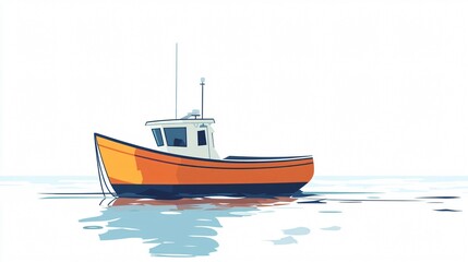 Fototapeta premium Orange Fishing Boat on Calm Water - Minimalist Nautical Vector Illustration