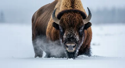 Powerful bison in snowy landscape with steaming breath in winter wildlife scene