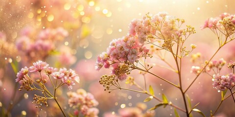 Delicate Pink Flowers with Golden Specks, Soft Focus, Hazy Background - Stock Photo