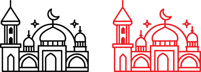 Mosque icon, circular design, minimalist illustration, black and red versions, Islamic architecture, domed roof, minarets, arched entrance, symmetrical composition, line drawing, geometric shapes, sim