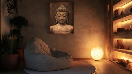 A relaxing meditation corner with a beanbag chair soft lighting and wall art