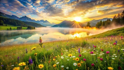 Double Exposure: Serene Grassy Landscape and Misty Lake - Nature Photography