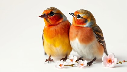 Fototapeta premium Two Adorable Orange Birds with Spring Blossoms