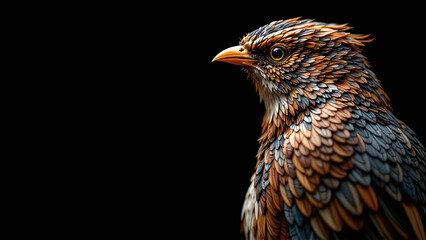 Fototapeta premium Intarsia bird sculpture showcasing rich colors on a dark background