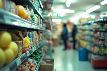photo of supermarket with colorful vegetables and fruits on the shelves, people shopping on the background 