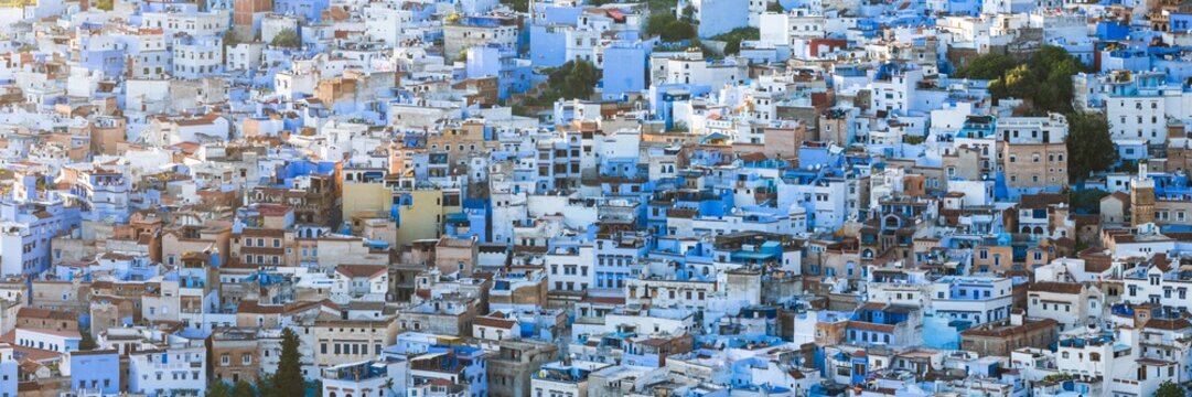 Panoramic of city at sunset, high angle view,, Chefchaouen, Morocco