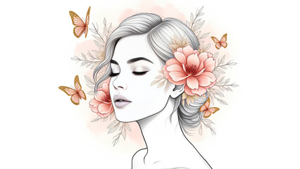 A delicate and artistic line art illustration combining a young woman's face with floral elements butterflies