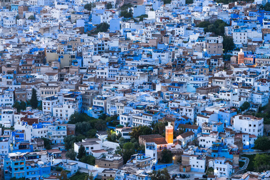Blue city at dusk, aerial view, Chefchaouen, Morocco