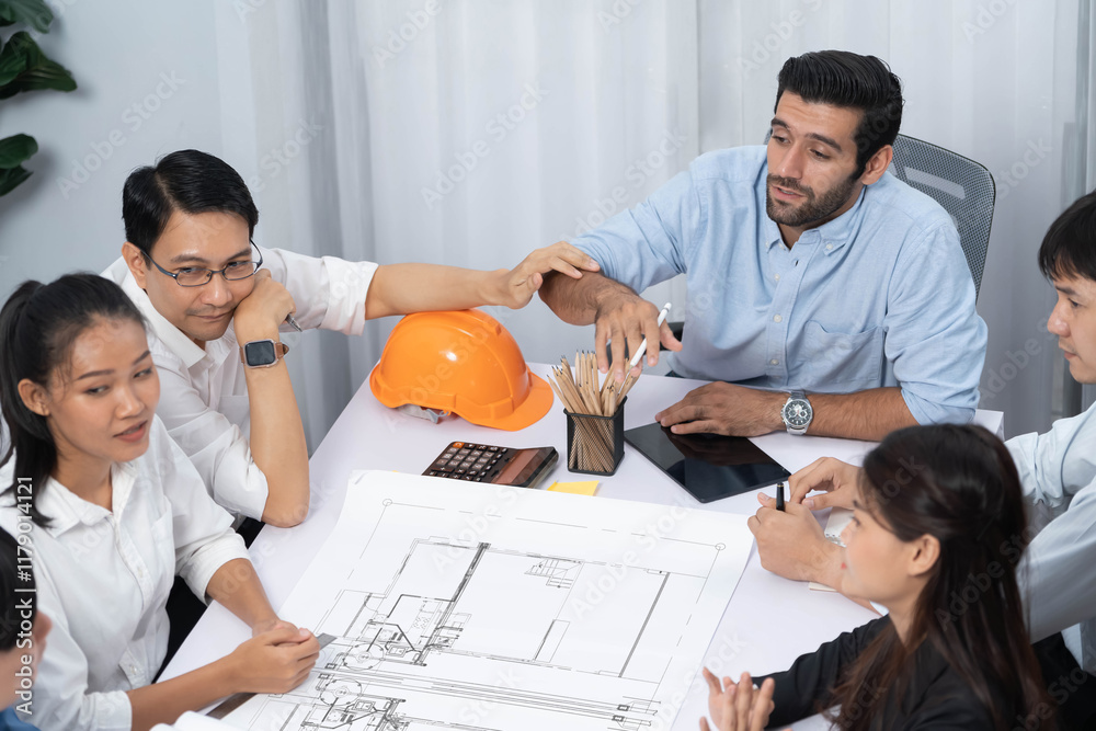 Poster diverse group of civil engineer and client working together on architectural project, reviewing cons
