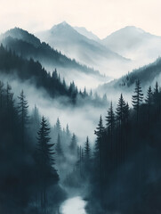 fog over the mountains and coniferous trees
