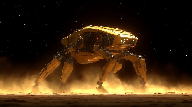 Yellow robotic walker on alien planet.