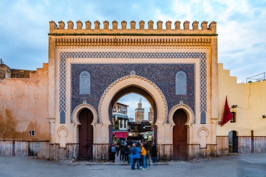 Blue Gate at sunset with people, Fez, Morocco