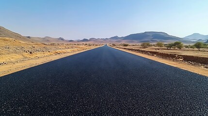 A long, straight road stretches through a dry, mountainous landscape under a clear sky.