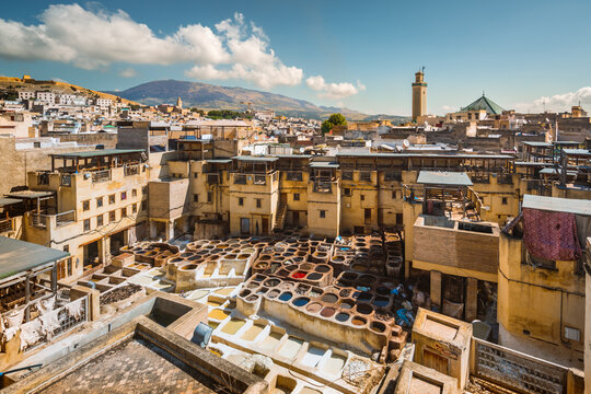 Old traditional tannery and city, high angle view, Fes, Morocco