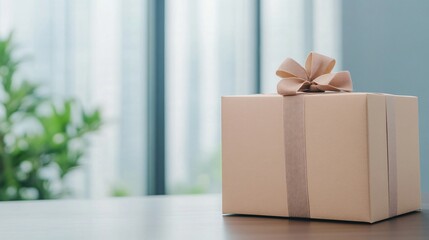 A beautifully wrapped gift box with a bow sits on a table, surrounded by soft natural light and greenery, creating a warm, inviting atmosphere.