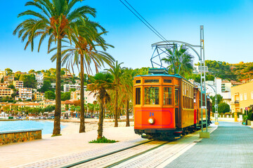 The famous orange tram runs from Soller to Port de Soller, Mallorca, Spain