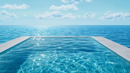 A serene infinity pool overlooking a tranquil ocean under a clear blue sky with fluffy clouds, inviting relaxation and peace.
