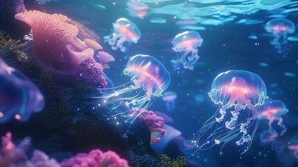 Glowing Jellyfish Swim Amongst Vibrant Coral Reefs