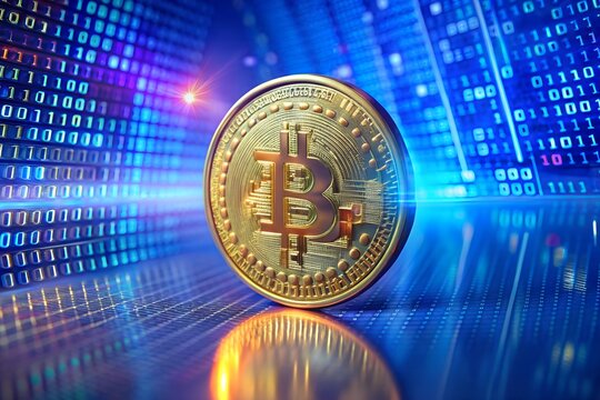 gold coin with binary code against a dynamic digital code backdrop, with modern in technology background