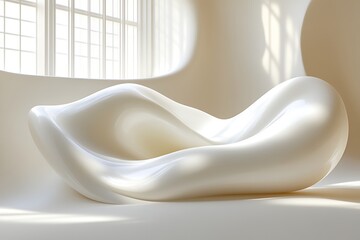Abstract white sculptural lounge chair in modern room.