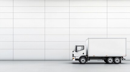 A white delivery truck stands against a minimalist wall, highlighting its sleek design and functionality in a spacious, modern environment.