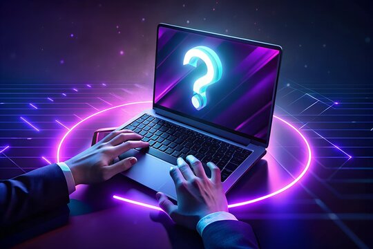hands operating laptop on a desktop, with a blurred abstract question mark in background