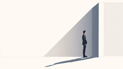 A businessman stands in a corner, contemplating. Minimalist illustration with geometric shapes, shadows, and light.