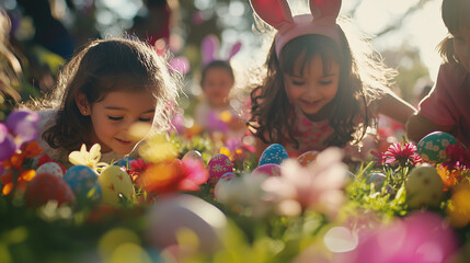 Joyful Easter Egg Hunt with Children in a Vibrant Garden Celebration