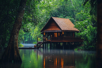 Fototapeta premium A beautiful tropical island with palm trees surrounded by mountains generative AI image