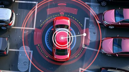 Top view of smart car parking assist system featuring autonomous technology, secure road scanning, and advanced self-parking capabilities