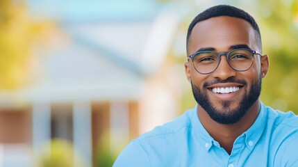 Obraz premium A smiling man in glasses poses outdoors, showcasing a friendly demeanor against a blurred residential background.