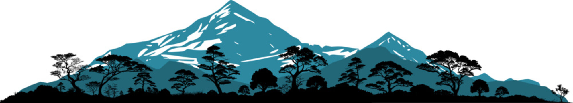 Vektor Silhouette Panorama - Natur Landschaft mit B&auml;umen und B&uuml;schen und Bergen - Design Grafik Modell