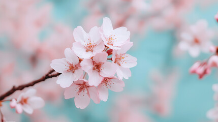 Fototapeta premium Cherry blossoms on a branch against a soft blue background.